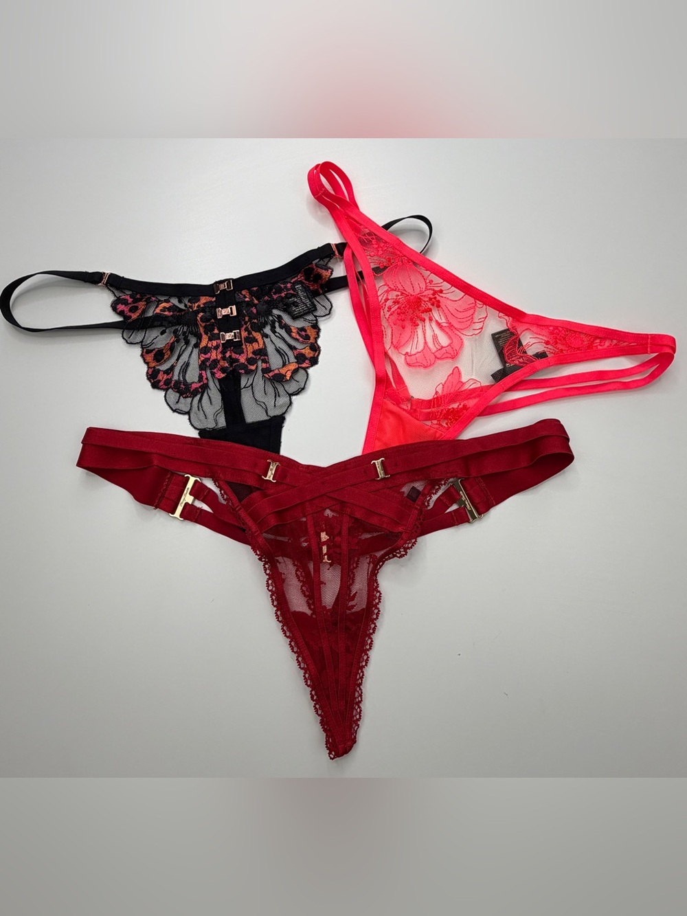 NWOT Honey Birdette Thong Panty Lot (3) Sz Medium M Black Orange/Pink/Red